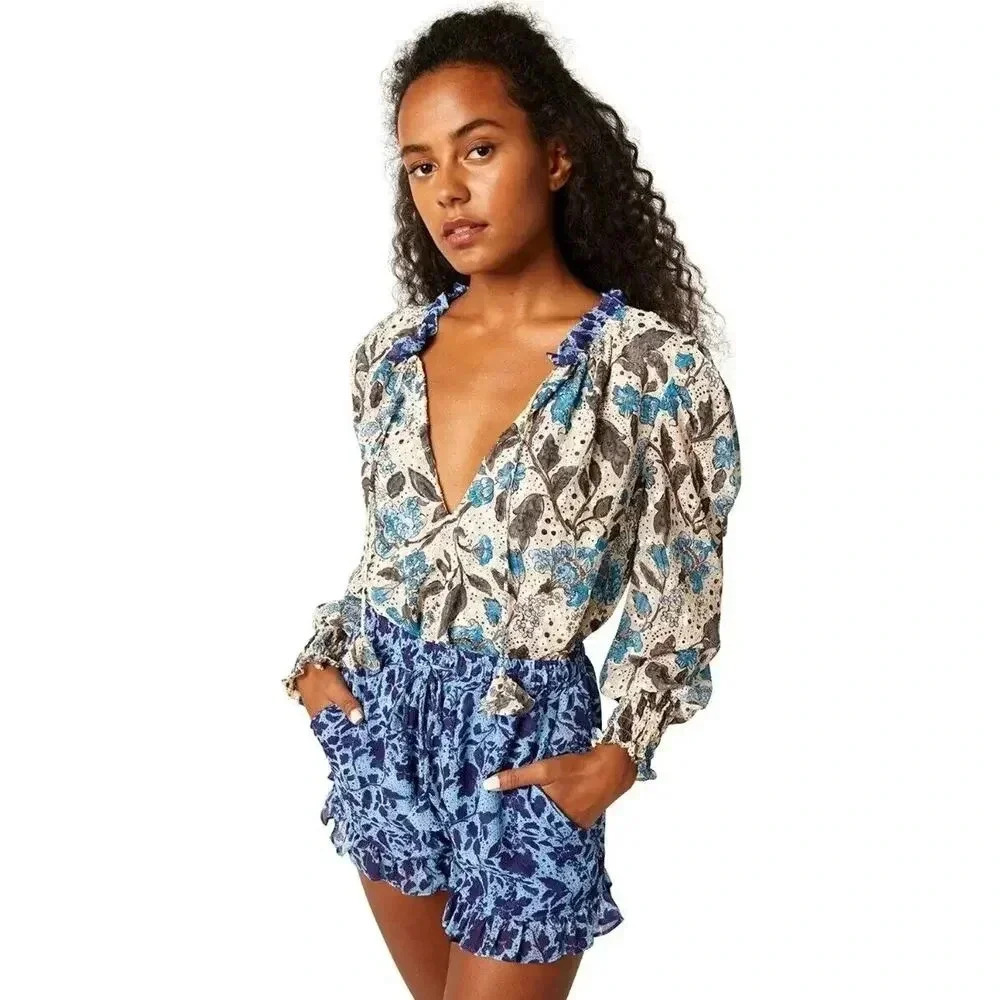 MISA Los Angeles Revolv Blue Floral Ruffle Inca Goa High Waist Shorts Size Small - Picture 2 of 13